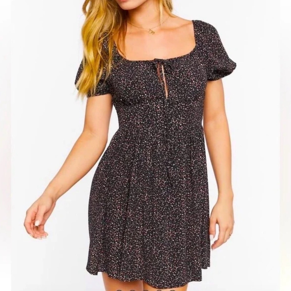 FOREVER 21 Baby-Doll Peasant Boho Woven Mini Dress Black Ditsy Floral Women S